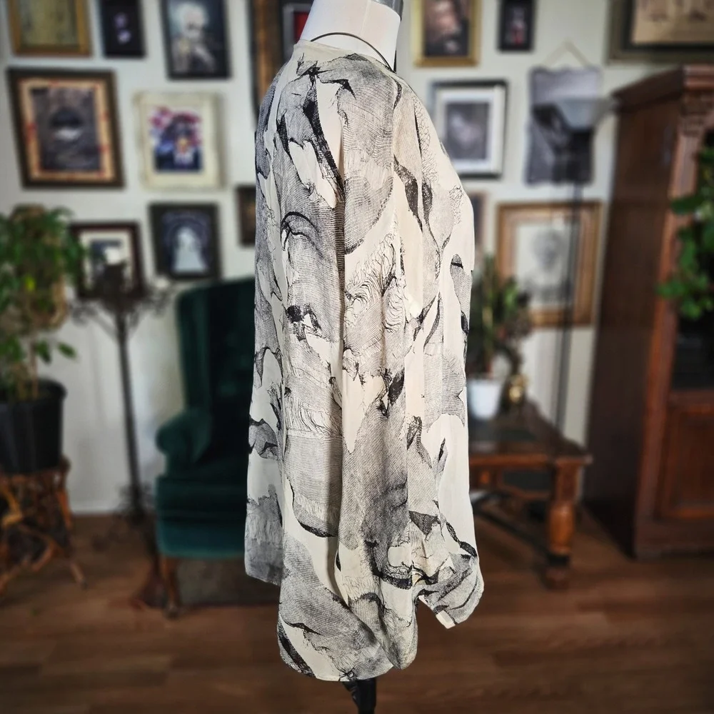 Vintage 90s Apropos‎ Sheer 100% Silk Abstract Art Wrap Blouse Boho Witchy Top